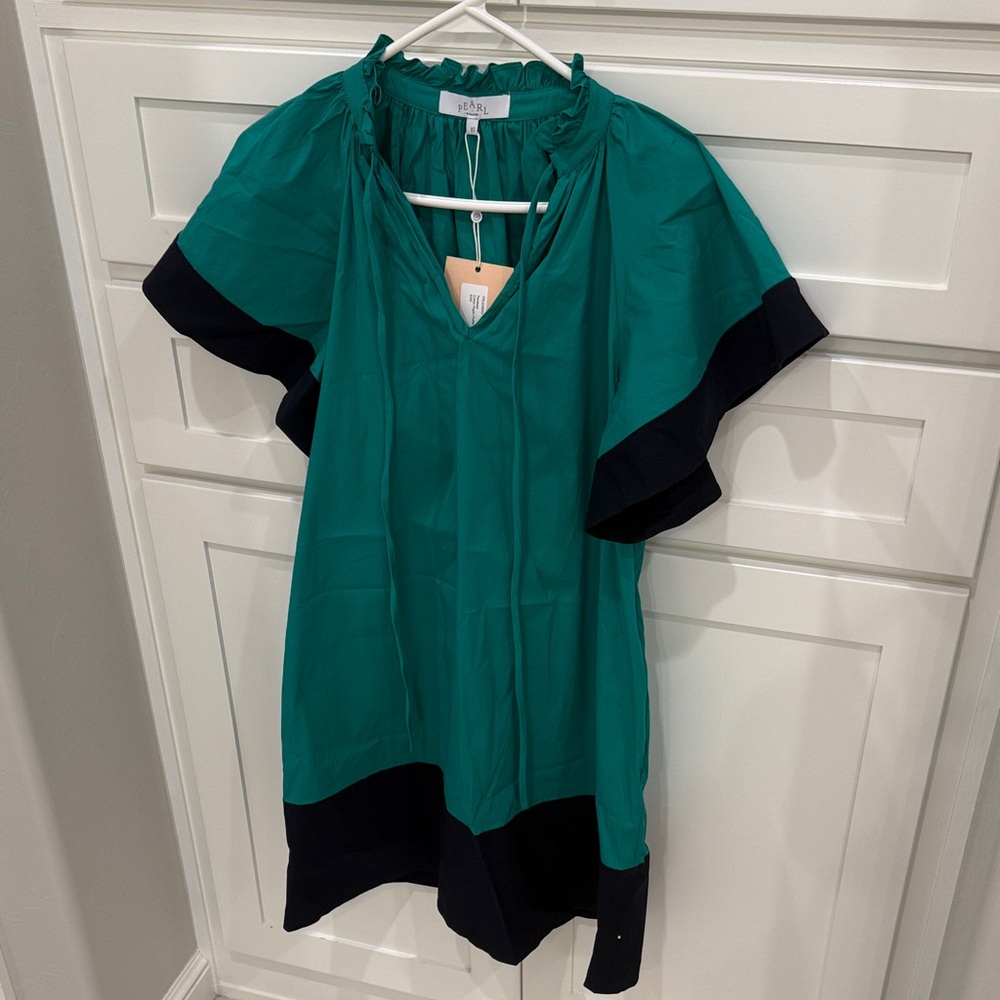 Pearl by Lela Rose, Green and Black Ruffle Sleeve Dress NWT